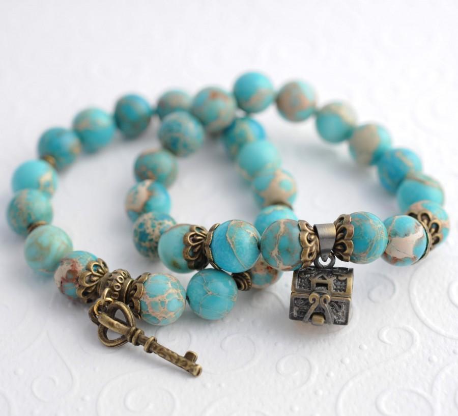 Beaded Charm Bracelet Upcycled Vintage Beads P44 Turquoise and White Chunky Turquoise and Vintage White Bead Charm Bracelet