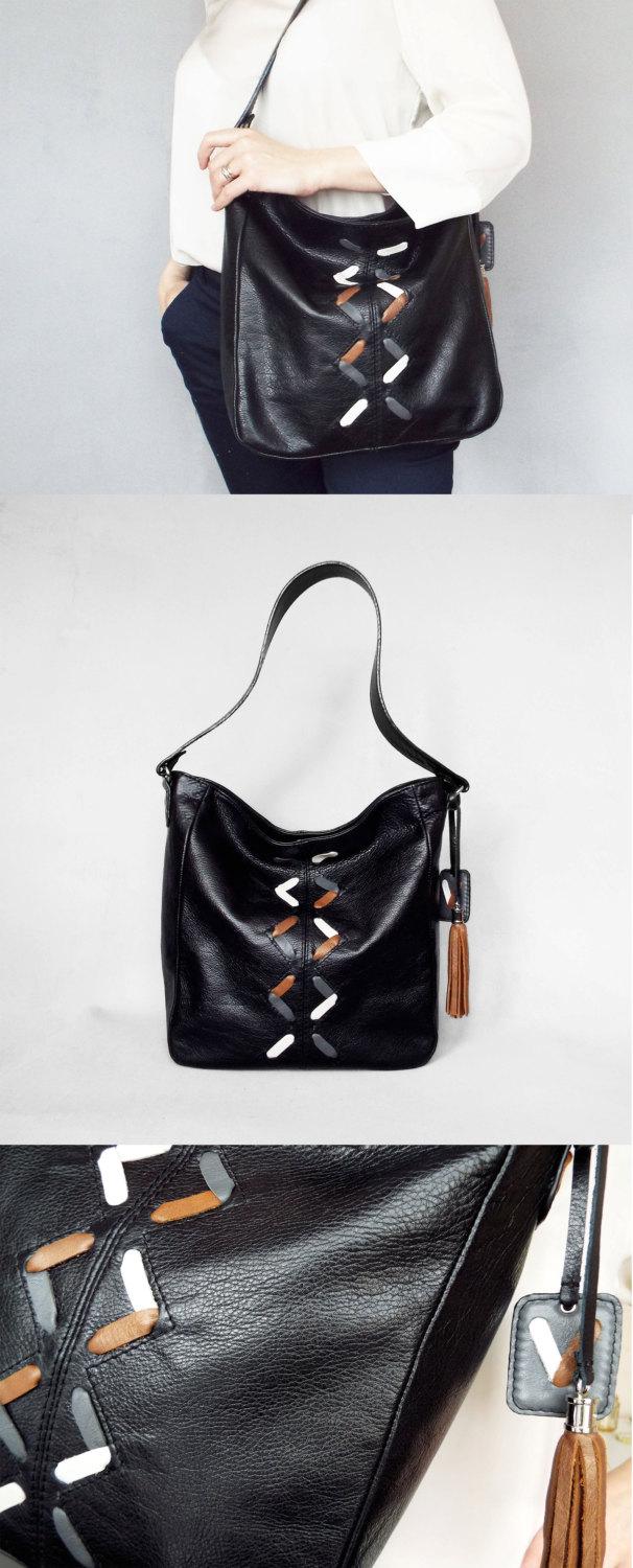 Mariage - Black leather hobo bag. Black leather shoulder bag. Leather lacing bag.