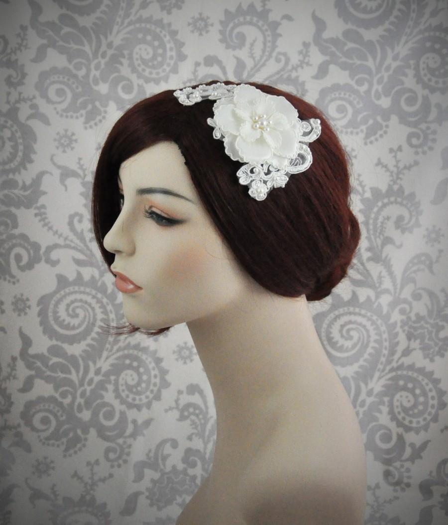 زفاف - Bridal Hair Flower, Bridal Hair Piece, Bridal Accessories, Bridal Fascinator, Bridal Hair Accessories - Lace and flower hair piece - 114HP