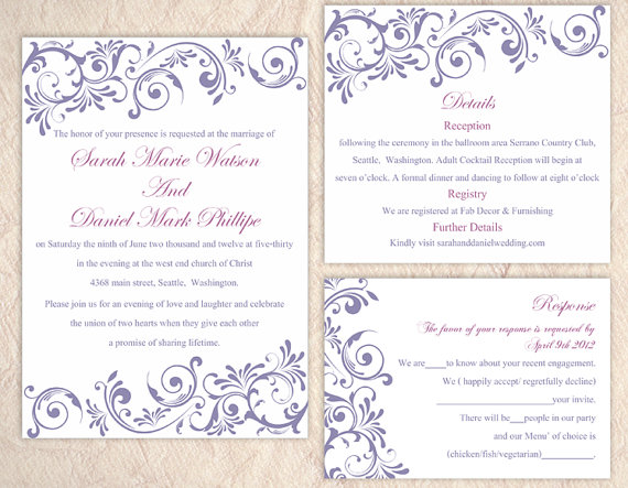 Hochzeit - DIY Wedding Invitation Template Set Editable Word File Instant Download Purple Wedding Invitation Purple Invitations Printable Invitation
