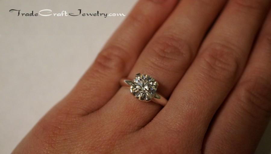 Hochzeit - Argentium Sterling Silver Cubic Zirconia Engagement Ring Hearts & Arrows Round Cut 2- 3 Carats CZ Promise Solitaire Faux Diamond Size 3-9