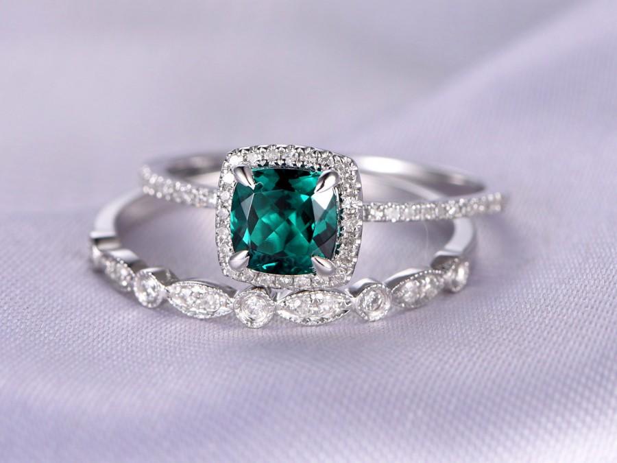Wedding - 2pcs Wedding Ring Set,Emerald Engagement ring,14k White gold,Halo diamond Matching Band,6mm Cushion,Personalized for her/him,Custom ring