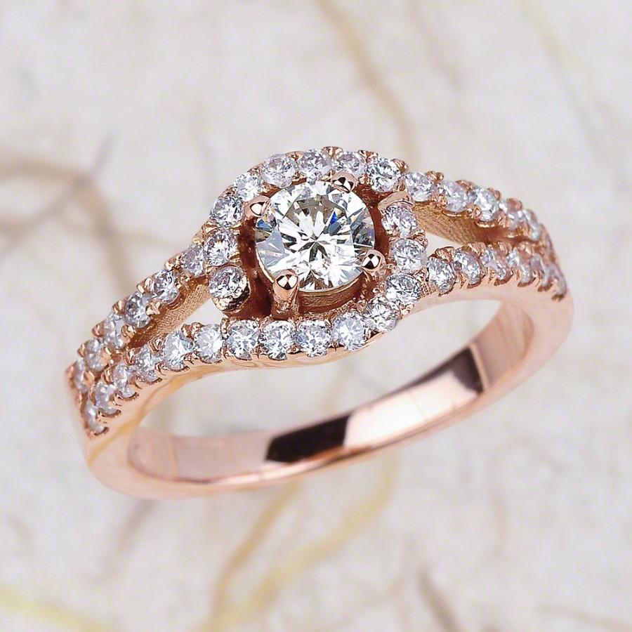 Mariage - Rose Gold Engagement Ring - 14k Round Diamond Rose Gold Engagement Ring Pave Set 1.00 ctw, Center Stone 0.40ctw Round Diamond