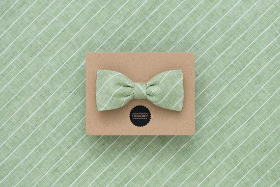 Wedding - Light Green Striped Beach Wedding Bow Tie, Light Grey Linen Men's Bow Tie, Earth Colors Double Sided Freestyle Bow Tie, Gift For Groom