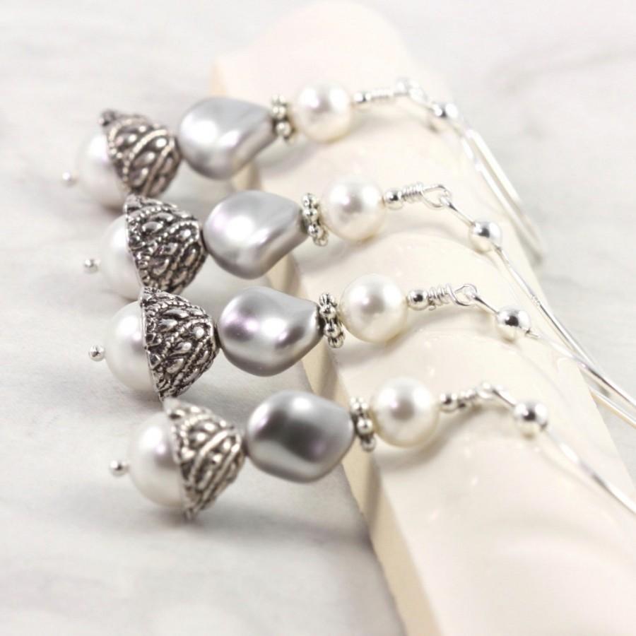 زفاف - White Pearl Earrings Bridesmaid Earrings Gray Bridal Jewelry White Wedding Bridesmaid Gift Gray Wedding Earrings Gray Wedding Earrings
