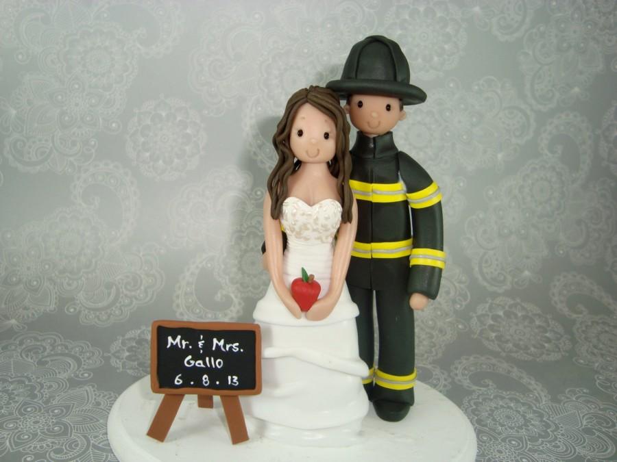 Hochzeit - Personalized Wedding Cake Topper Firefighter & Teacher  
