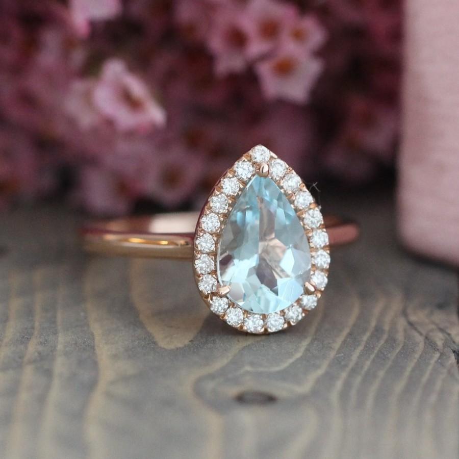 Mariage - Pear Aquamarine Engagement Ring in 14k Rose Gold Halo Diamond Wedding Band 9x6mm Aquamarine Ring (Bridal Wedding Ring Set Available)