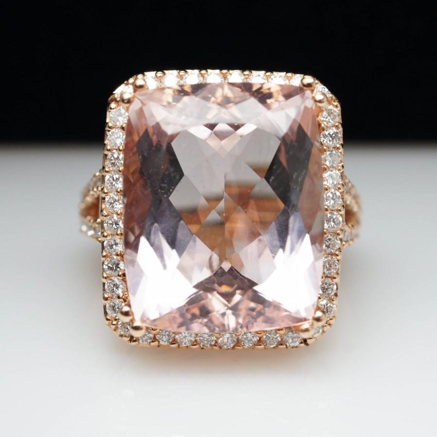 زفاف - Rectangular Cushion Cut Morganite Diamond Halo Engagement Ring 14k Rose Gold Cocktail Ring Large Peach Morganite Ring