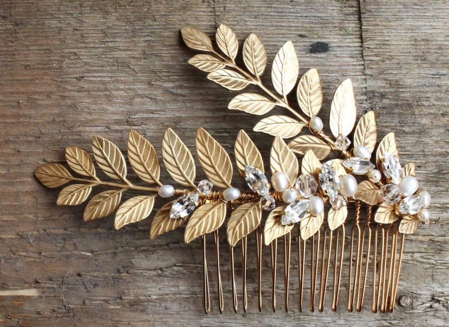 زفاف - Gold bridal hair comb, bridal headpiece, gold leaves, gold fern, gold branch, gold vine, wedding hair accessories, Swarovski crystal, boho