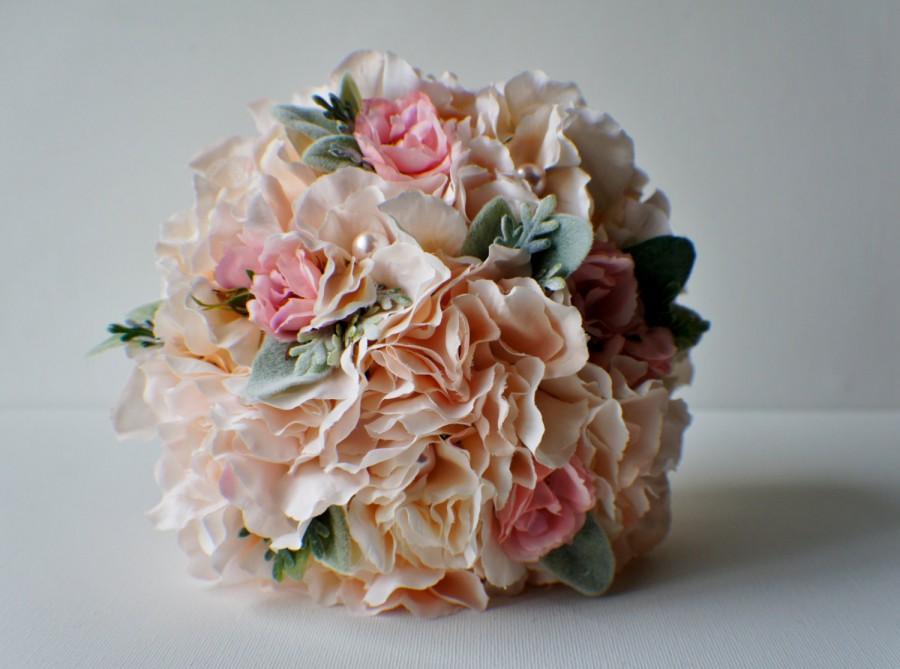 Mariage - Champagne Hydrangea Bouquet, Silk Wedding Flowers, Bridesmaid Bouquet, Rustic Wedding, Vintage Wedding, Bridal Bouquet, Bride, Bridesmade