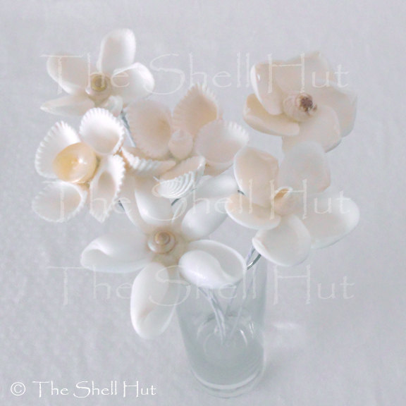 Hochzeit - 6 Seashell Bridal Bouquet Flowers Beach Wedding Party Floral Arrangement Inserts Nautical Tropical Seaside Coastal