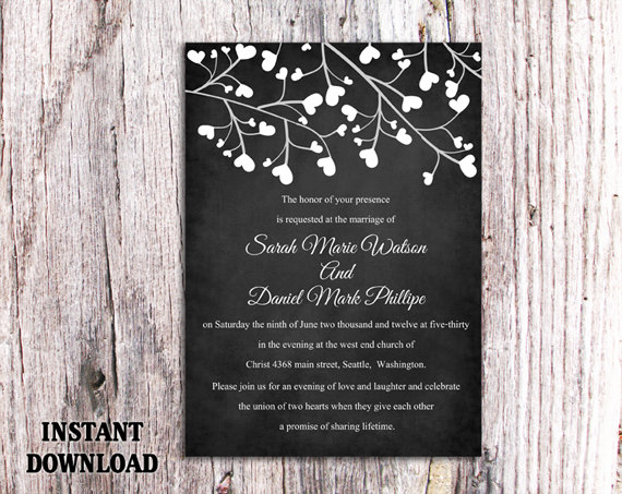 Hochzeit - DIY Wedding Invitation Template Editable Word File Instant Download Printable Chalkboard Wedding Invitation Black & White Heart Invitation