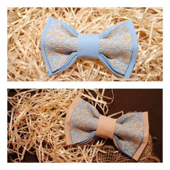 Hochzeit - Set of 2 embroidered bow ties Blue Beige-blue bow ties Men's bow tie Gift idea men Boys bowtie Groomsmen bowtie Anniversary gifts husband