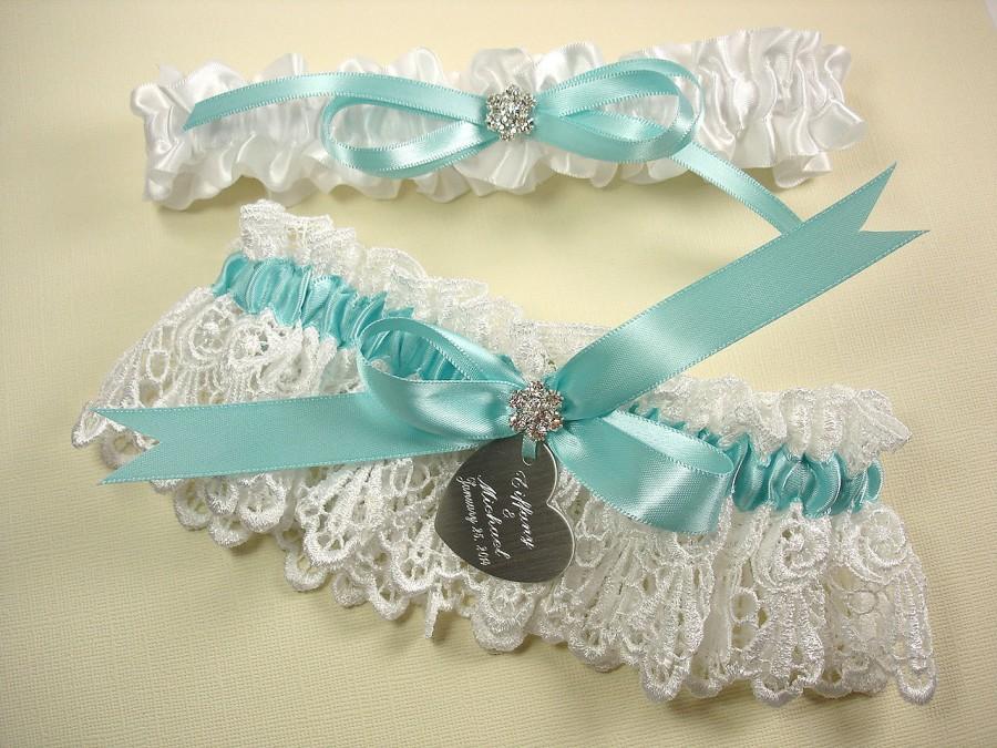 Blue Wedding Garter with a Rhinestone Heart and Personalized Engraving