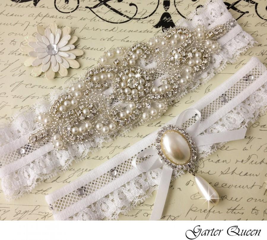 Wedding - Bridal garter set, Wedding Garter set, Lace Wedding Garter, Pearl Garter, White Lace Garter