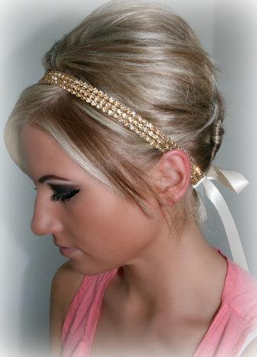 زفاف - ON SALE Gold Topaz Rhinestone Ribbon Head Piece, rhinestone hair piece, bridal headband, accessories, Gold ribbon tie, Bohemian