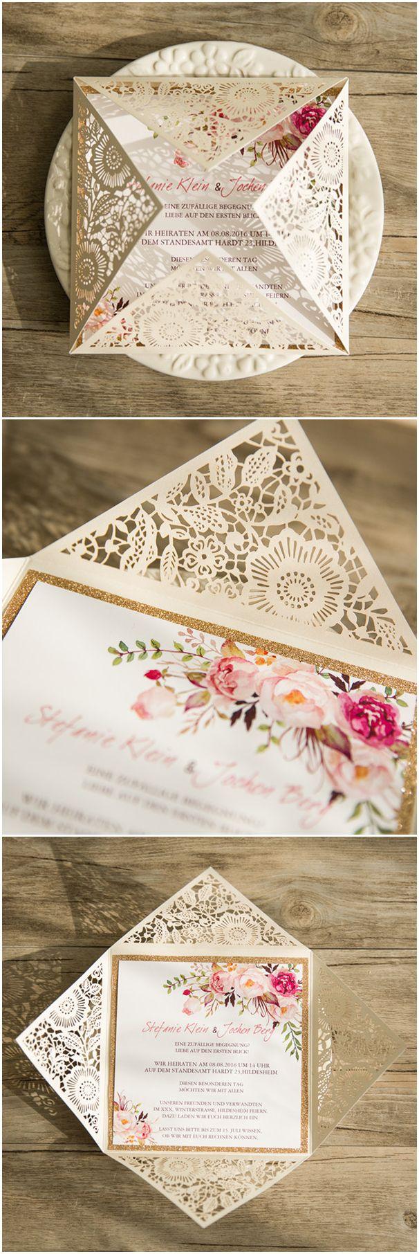 Wedding - Bohemian Rustic Spring Flower Glittery Gold Laser Cut Invitations EWWS085