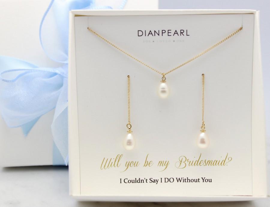Mariage - single pearl jewelry set,Bridesmaid gift,will you be my bridesmaid,gold jewelry set,pearl jewelry set,gold thread earrings