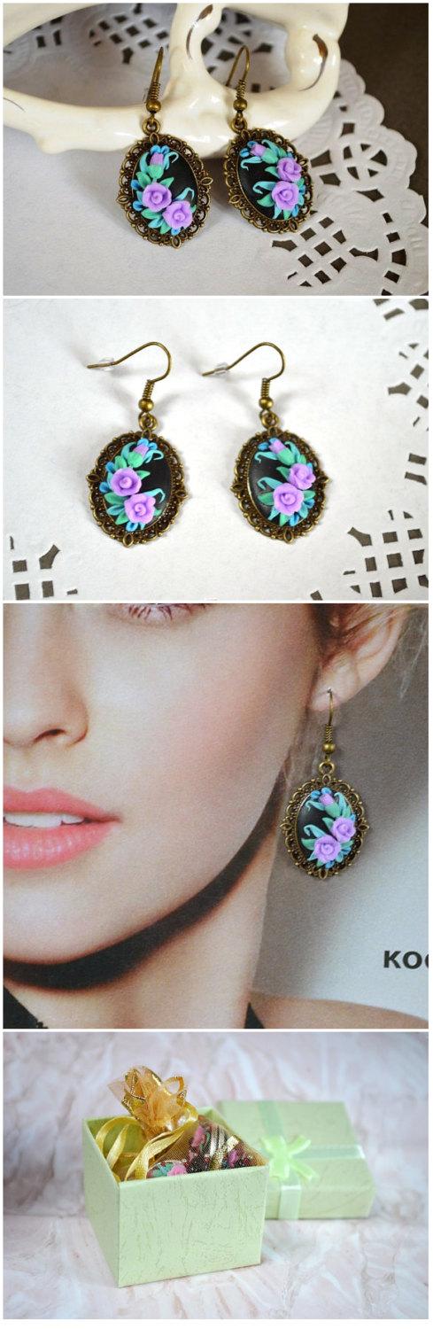 زفاف - Lilac mint earrings  polymer clay flower Jewelry Dangle Drop Earrings boho Jewelry Romantic gift idea for her purple green blue polymer clay