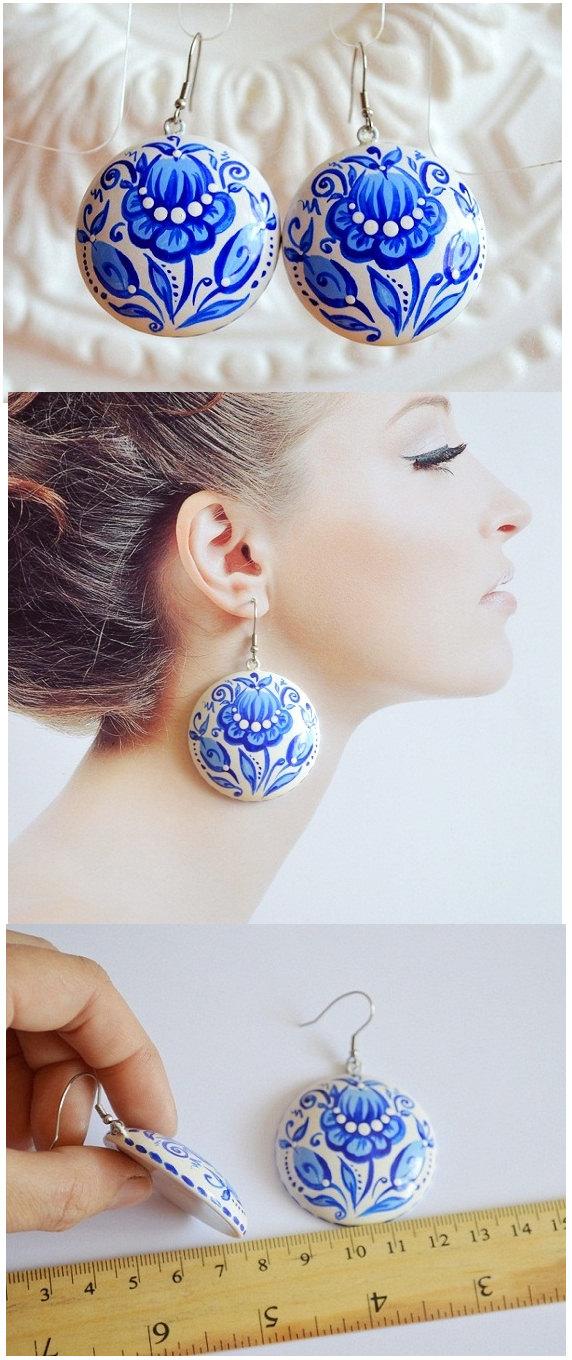 Hochzeit - Round Blue Earrings of wood with hand painted Jewelry Handmade Wedding Earrings Gift Idea for her Blue and white Expressive Jewelry Folklore