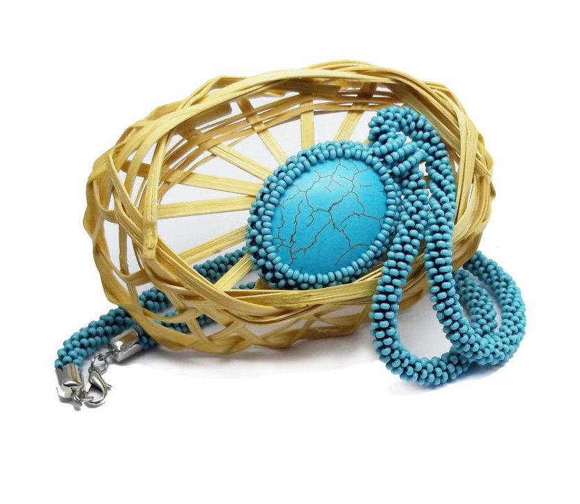 زفاف - Beaded Turquoise statement rope necklace teal oval natural stone Pendant Turquoise bead crochet Minimalist Modern Beadwork jewelry  for mom