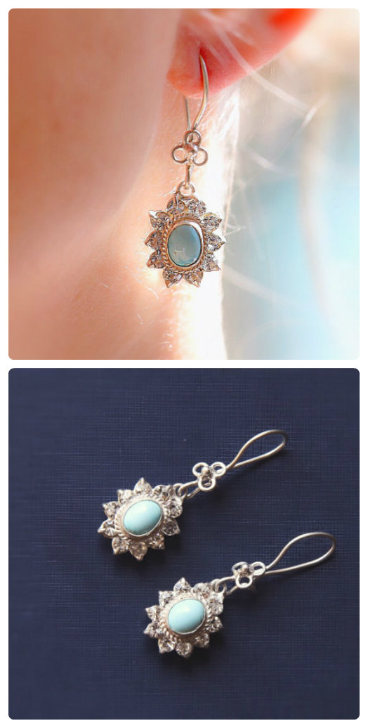 Свадьба - Natural Turquoise Silver Earrings with Cubic Zirconia , Silver 925 Earrings, bridesmaid gifts, gift for her