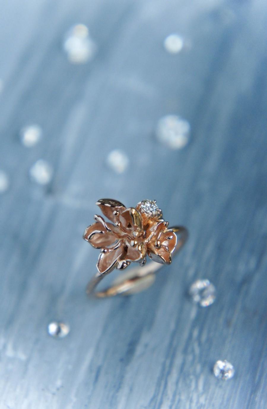 Wedding - Unique engagement ring, 14K rose gold ring, diamond ring, cherry blossom ring, flower engagement ring, proposal ring, one of a kind ring