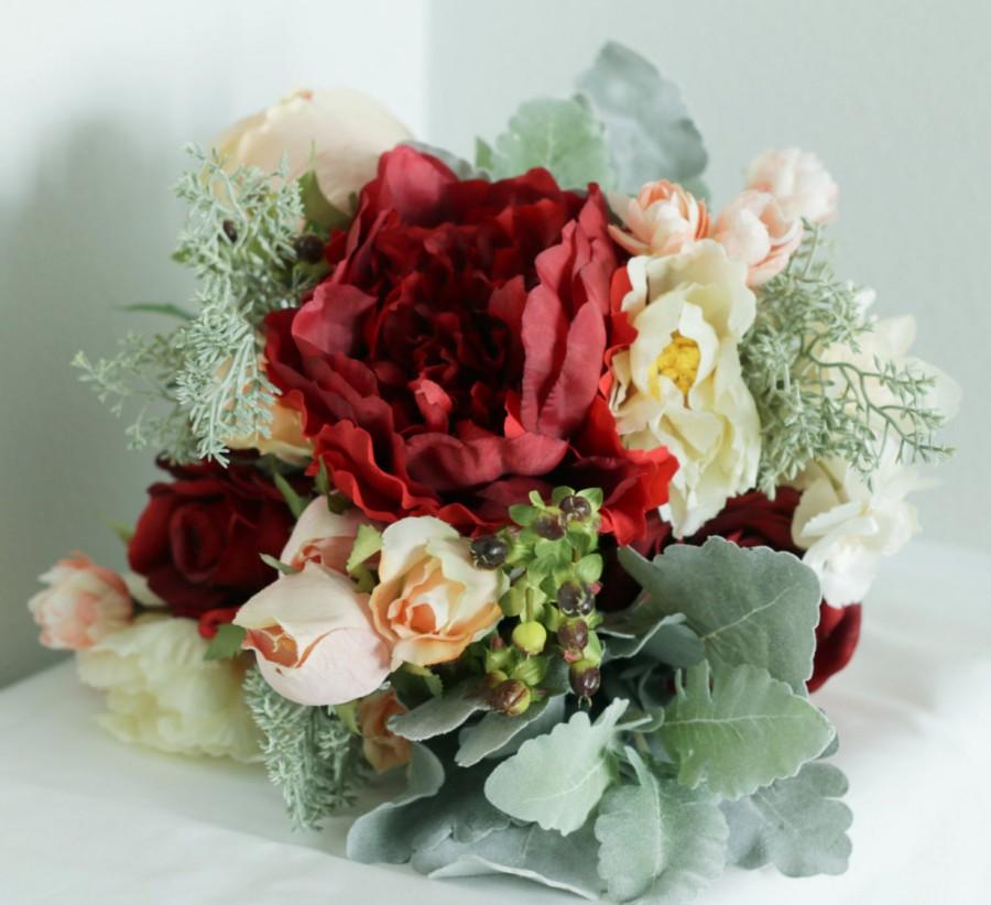 Hochzeit - Marsala Rose Peony and blush faux floral bouquet