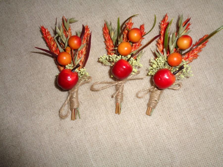 Hochzeit - Autumn dried wheat and flower boutonniere set of -6 wedding boutonniers ,rustic wedding decor ,vintage country orange red and green wedding