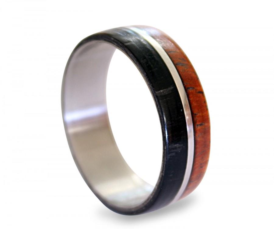 زفاف - Stainless steel ring with padouk and ebony wood inlay without edges
