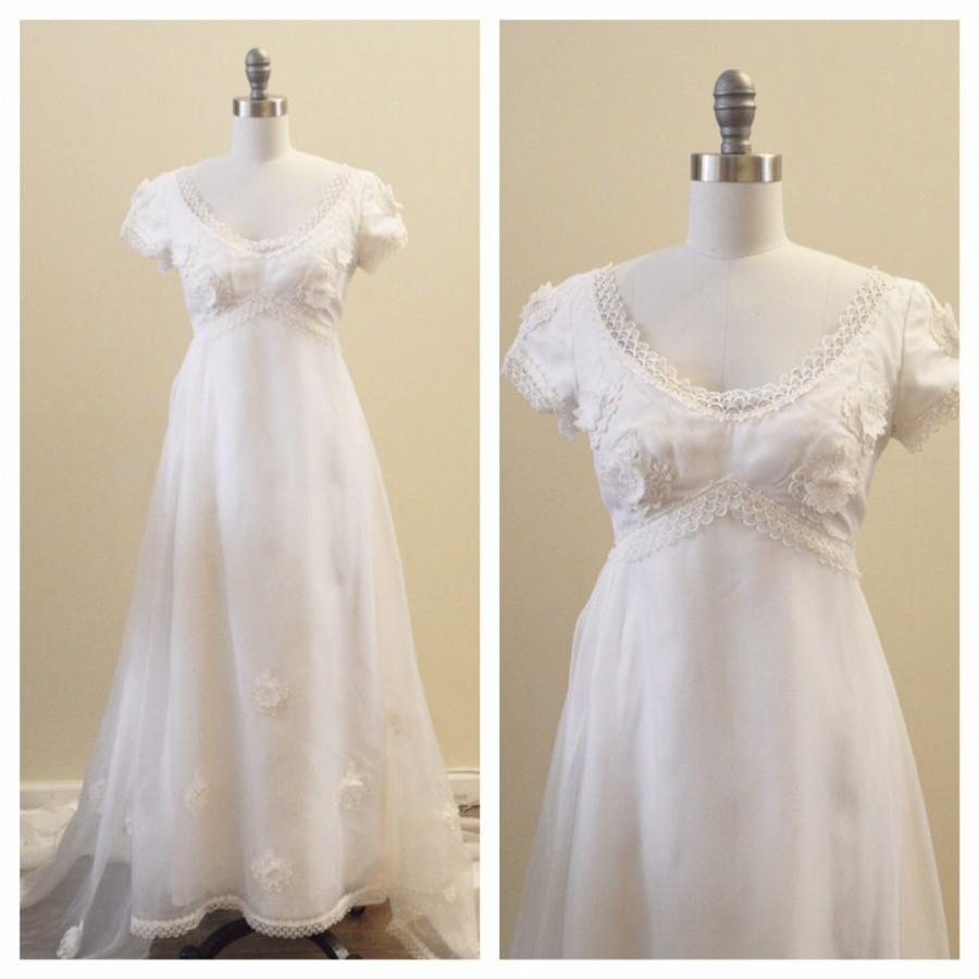 Wedding - Vintage Bridal 1970's Organza and Flower Applique White Wedding Gown