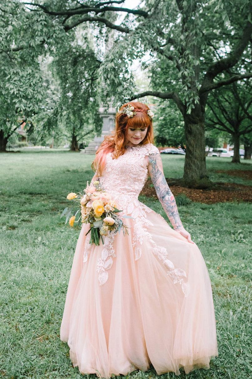 Hochzeit - Custom Made to Order Peach Blush Wedding Dress, Reem Arca Inspired, Nature, Unique Wedding Dress, Made to Order
