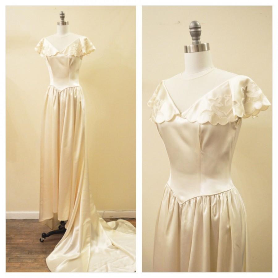 Hochzeit - Vintage 1940s Illusion Neckline, Cutout Flutter Sleeve, Slipper Satin Wedding Dress