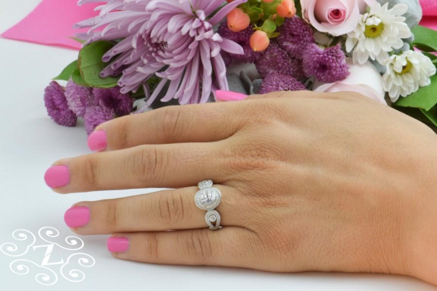 زفاف - Round Cut Ring Halo Engagement Wedding Band Sterling Silver With Accent Triple Stone ring ,Multiple Stone , Anniversary band, Promise Ring