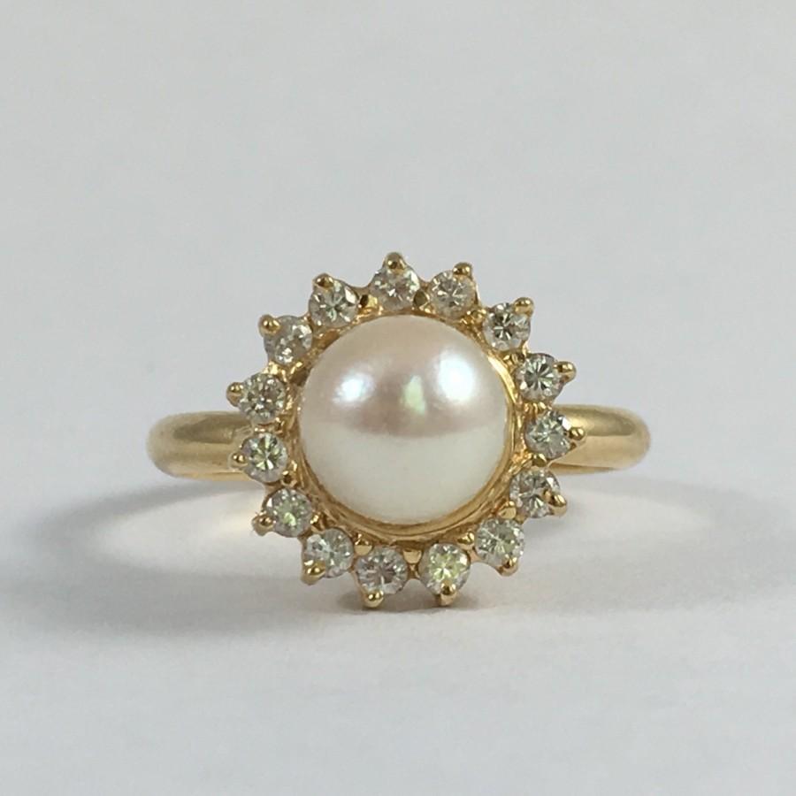 Hochzeit - Vintage Pearl and Diamond Halo Ring. 14k Yellow Gold. Estate Jewelry.  June Birthstone. 4th Anniversary. Unique Engagement Ring.