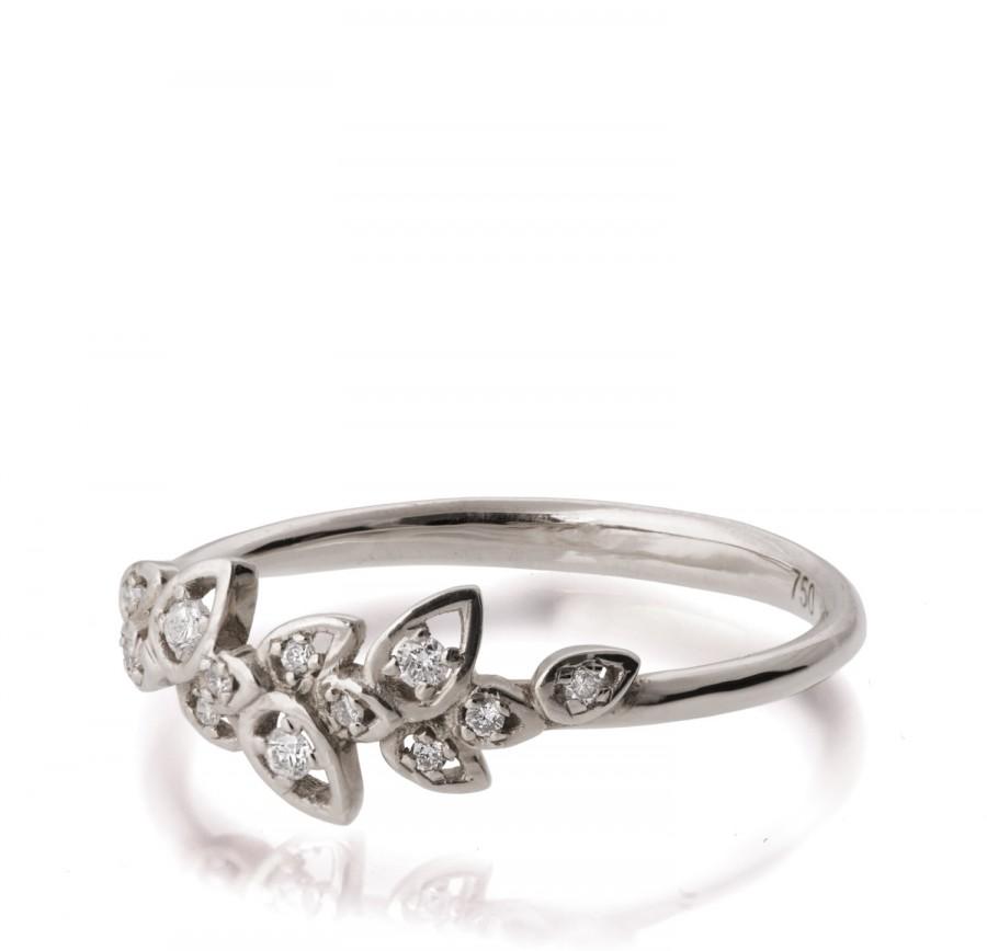 Wedding - Diamond Art Deco Petal Engagement Ring - 18K White Gold and Diamond engagement ring, leaf ring, unique engagement ring,vintage, halo ring,11