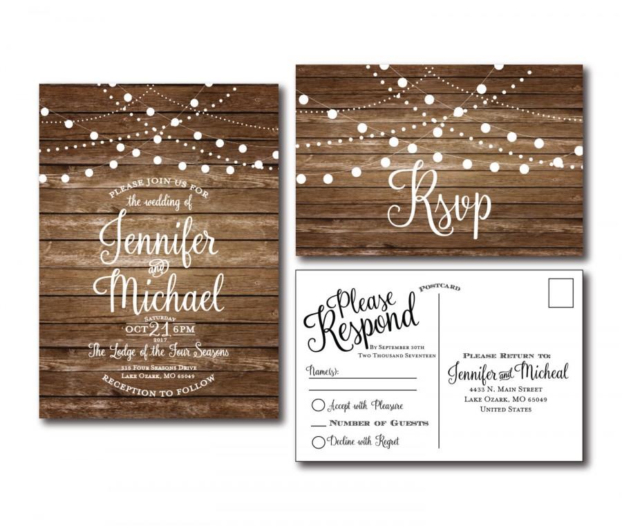 Wedding - Rustic Wedding Invitation & RSVP Postcard Set - Country Chic - Hanging Lights - Fall Wedding - Rustic Wedding - Printable Wedding Set