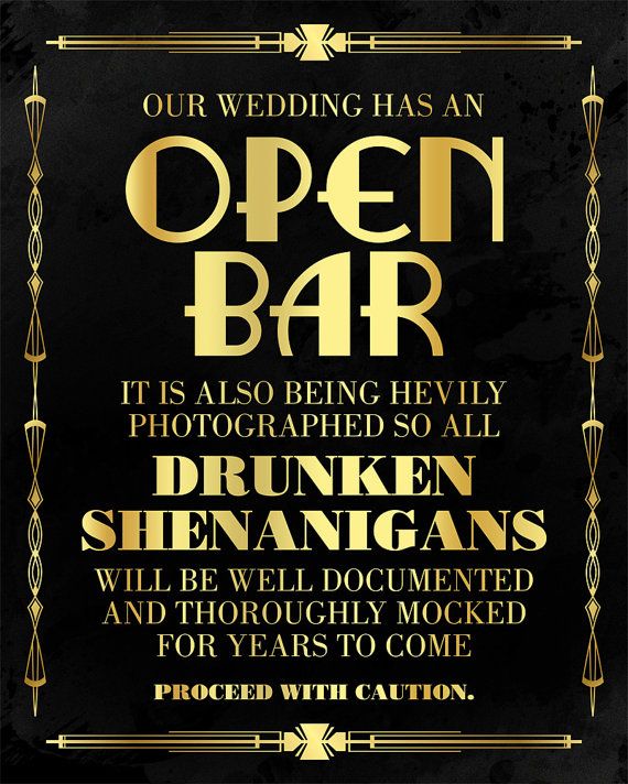 Свадьба - Open Bar Wedding Sign. Great Gatsby Themed Party Supplies. Roaring 20s Printable Wedding Bar Sign. Black And Gold Print Party Decorations