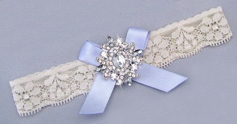 Wedding - Blue Wedding Garter, Crystal Rhinestone Bridal Toss Garter, Something Blue Garter, Ivory / White Stretch Lace Garter, Single Garter with Bow