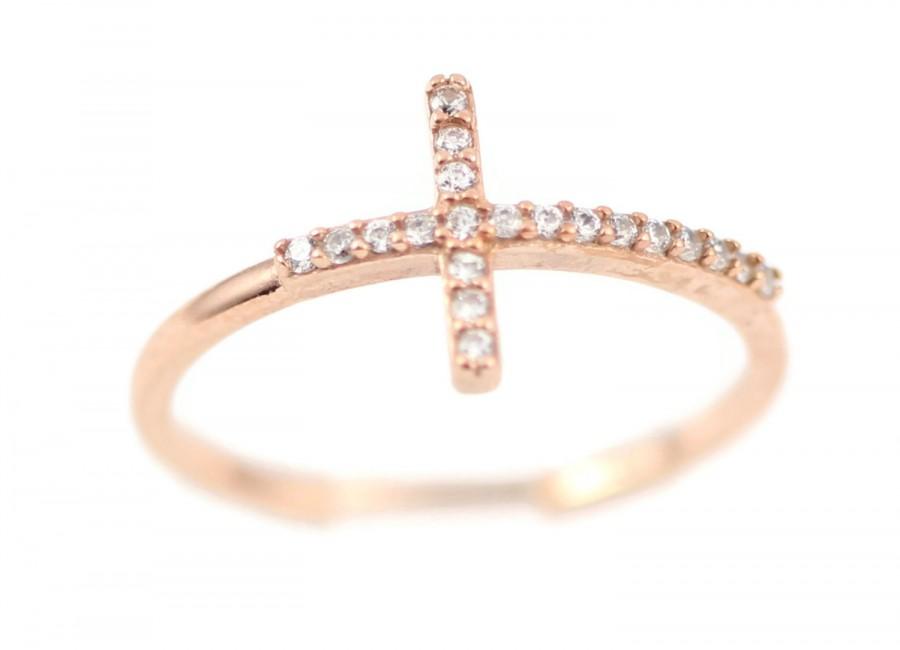 Mariage - Sideways Cross Ring Russian Diamond CZ Rose Gold Plated 925 Sterling Silver