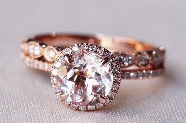 زفاف - Round Morganite Diamond, Halo Engagement Ring, Rose Gold Art Deco, Wedding set,  Morganite Wedding set, Diamond, Rose Gold, Halo Diamond