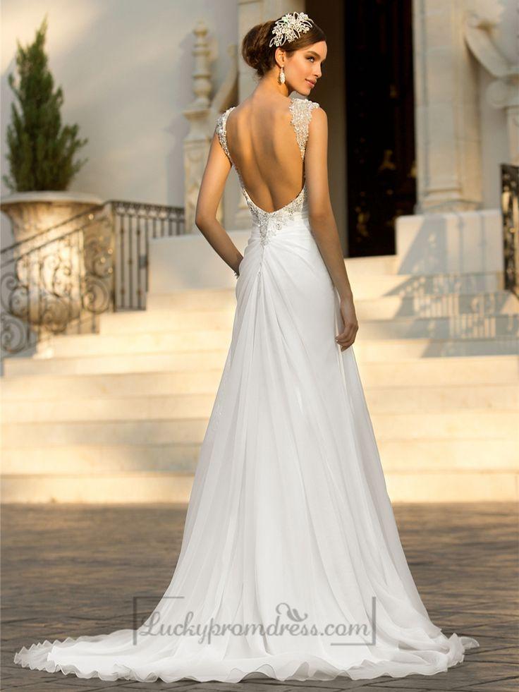 زفاف - Beaded Cap Sleeves Sweetheart A-line Simple Wedding Dresses With Low Open Back