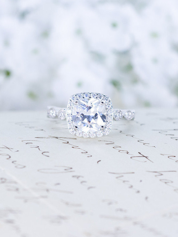 Hochzeit - Art Deco Engagement Ring - Cushion Cut Ring - Halo Engagement Ring - Wedding Ring - Promise Ring - Sterling Silver - 2 Carat
