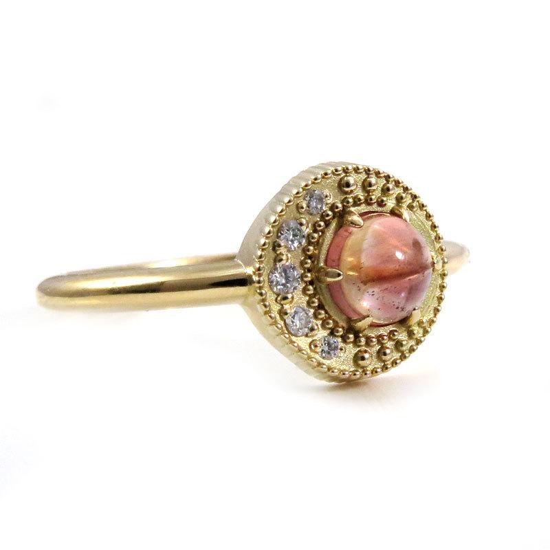 Wedding - Mini Moon Ring - Oregon Sunstone with a Diamond Crescent Moon - Dainty Gold Engagement Ring