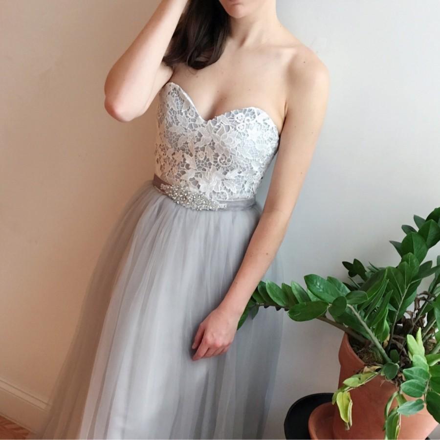 Hochzeit - Gray Lace Strapless Wedding Dress Vintage Boho Style