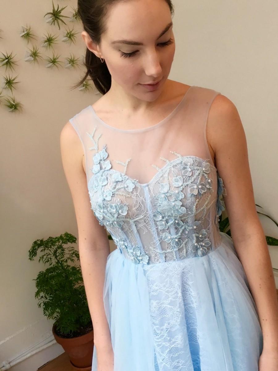 Hochzeit - Blue Floral Strapless A-line Wedding Dress