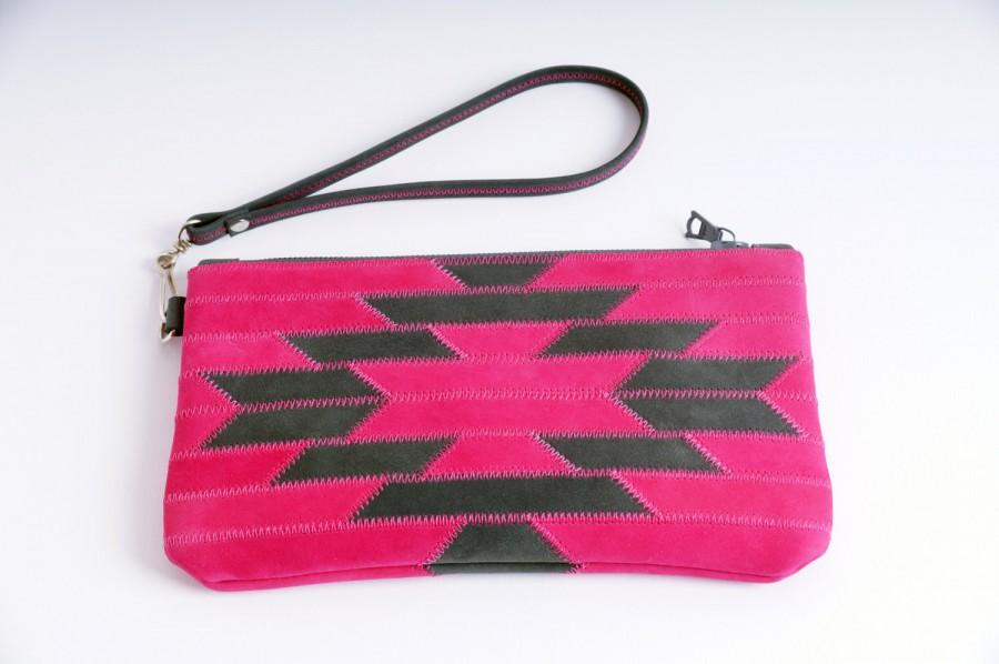 Hochzeit - Leather Cell Phone Wallet, Small Leather Clutch, Leather Wristlet Wallet, Women's Wallet, Wristlet Case, Purse, Ethnic Style, Magenta, Gray