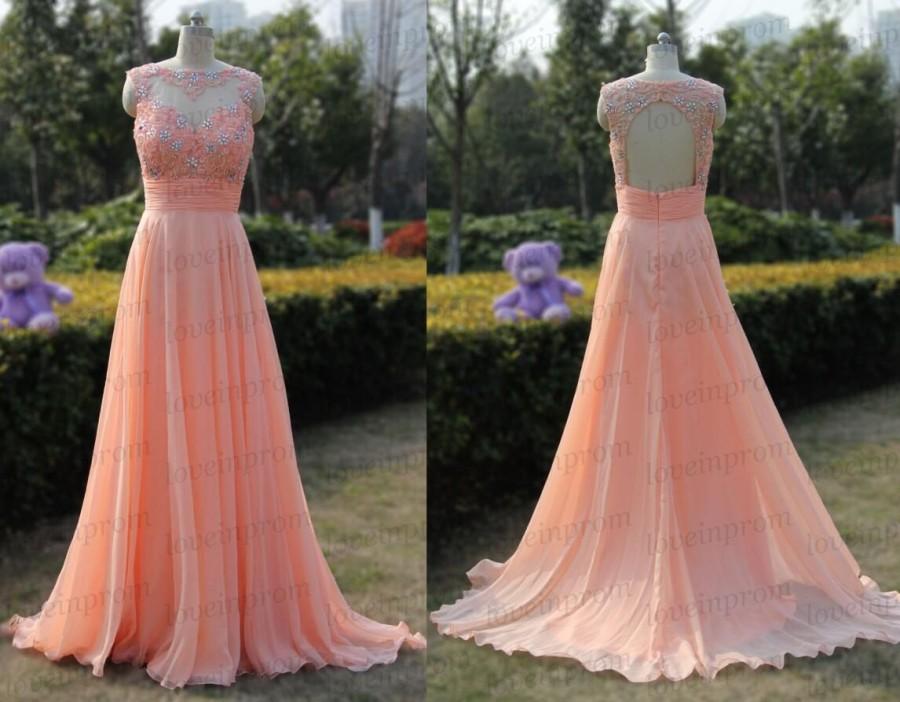 Mariage - Handmade Coral Beading Chiffon Long Bridesmaid Dress Coral Cap Sleeve Prom Dress Wedding Party Dress Evening Gowns