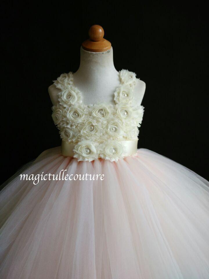 Wedding - Ivory and blush Flower Girl Tutu Dress Princess Dress with Sash- Big Bow at back 1t 2t 3t 4t 5t Morden Wedding