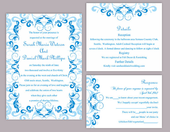 Hochzeit - DIY Wedding Invitation Template Set Editable Word File Instant Download Printable Blue Invitation Aqua Blue Invitation Elegant Invitations